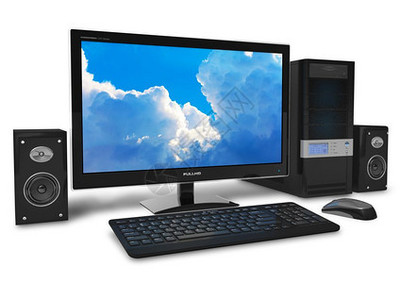 3D设计技术商业概念专台式工作站计算机个人电脑在监视屏幕键盘和白背景的鼠上有3D开发软件界面